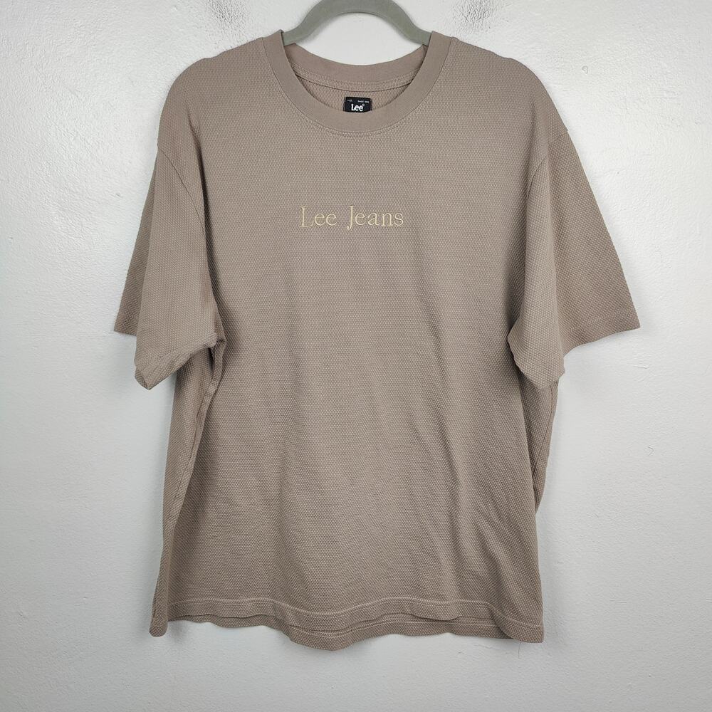 Vintage Y2K Lee Jeans Thermal‎ Knit T-Shirt Mens XL Tan Taupe Waffle Embroidered